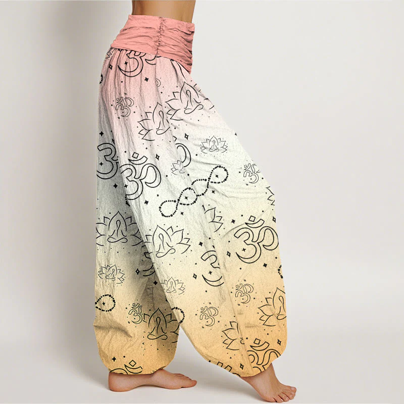 Buddha Stones OM Symbol Lotus Meditating Figure Infinity Pattern Women's Elastic Waist Harem Pants