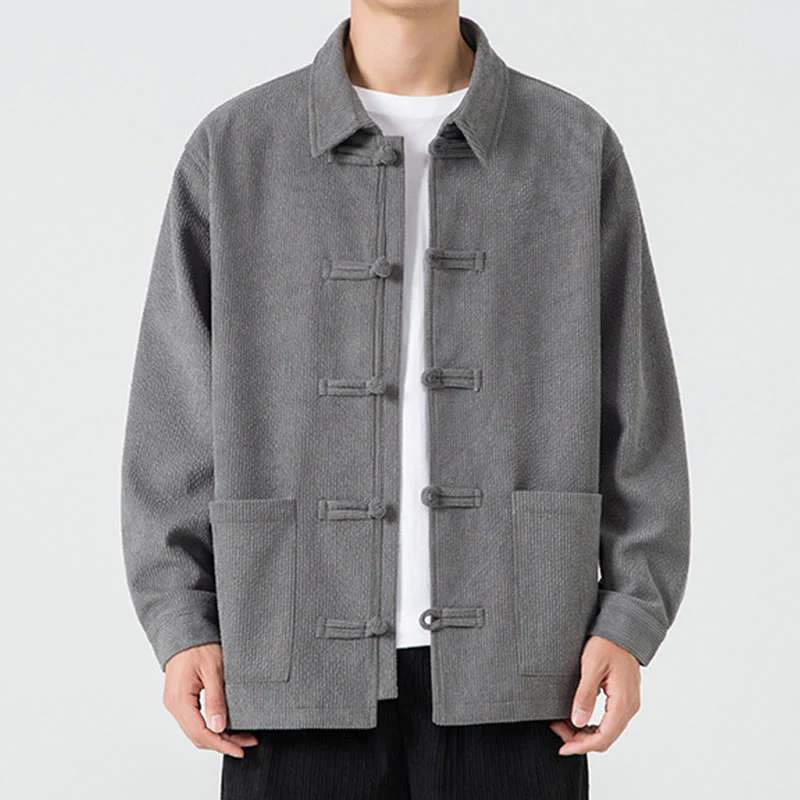 Buddha Stones Long Sleeve Frog-button Design Men's Polyester Jacket Shirt With Pockets