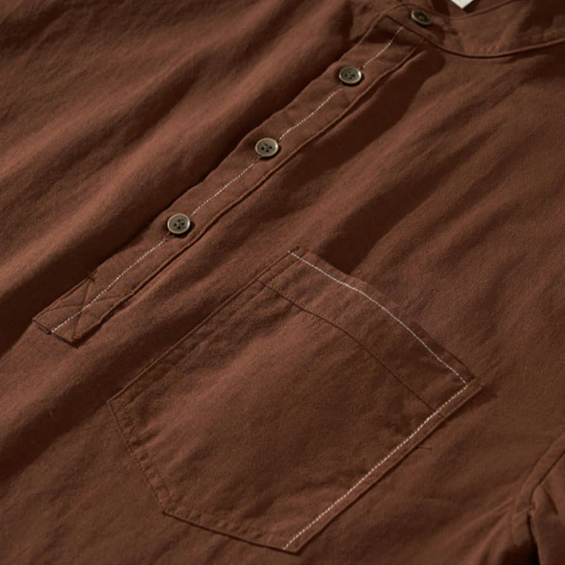 Buddha Stones Summer Solid Men's Half Button Short Sleeve Cotton Shirt