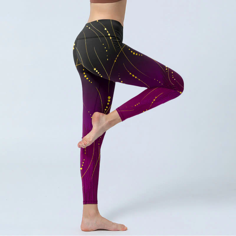 Buddha Stones Abstract Gradient Thin And Long Gold Line Pattern Print Gym Leggings Women's Yoga Pants