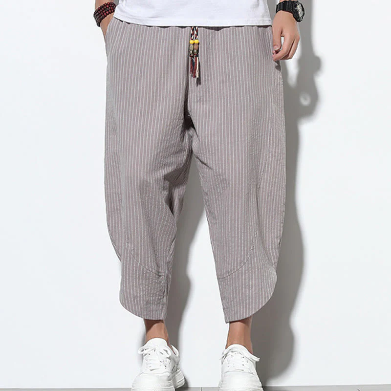 Buddha Stones Summer Stripes Pattern Drawstring Cotton Linen Men's 7-8 Length Harem Pants With Pockets