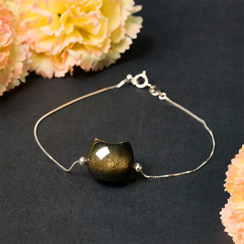 Buddha Stones 925 Sterling Silver Silver Sheen Obsidian Gold Sheen Obsidian Cat Soothing Bracelet