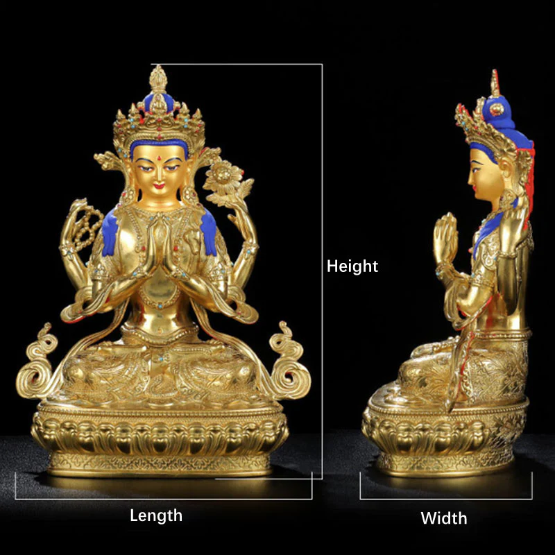 Buddha Stones Chenrezig Four-armed Avalokitesvara Protection Copper Gold Plated Statue Decoration