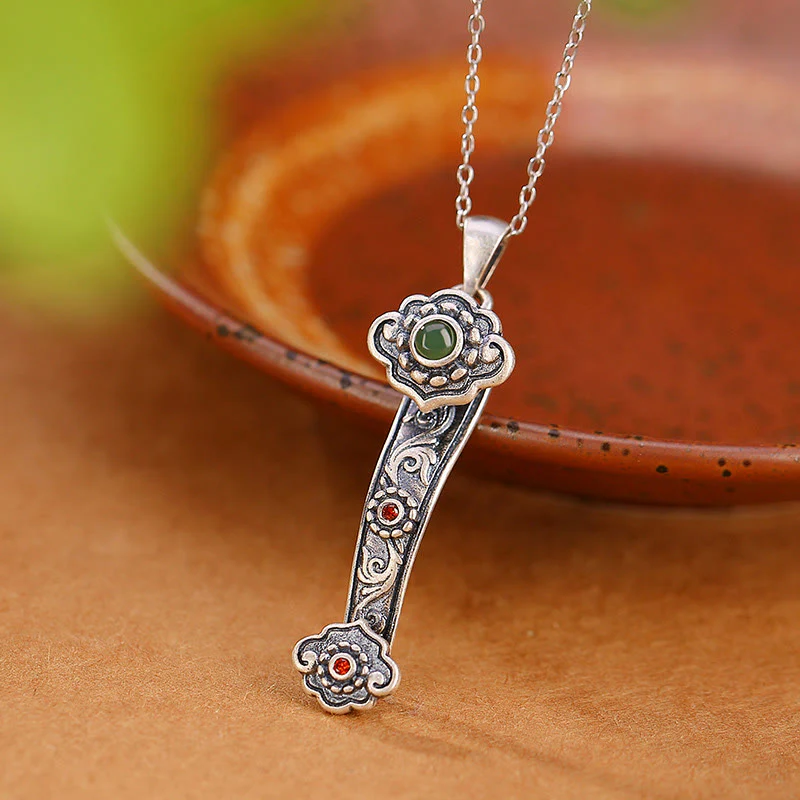 Buddha Stones 925 Sterling Silver Red Agate Cyan Jade Auspicious Clouds Ruyi Handle Blessing Necklace Pendant