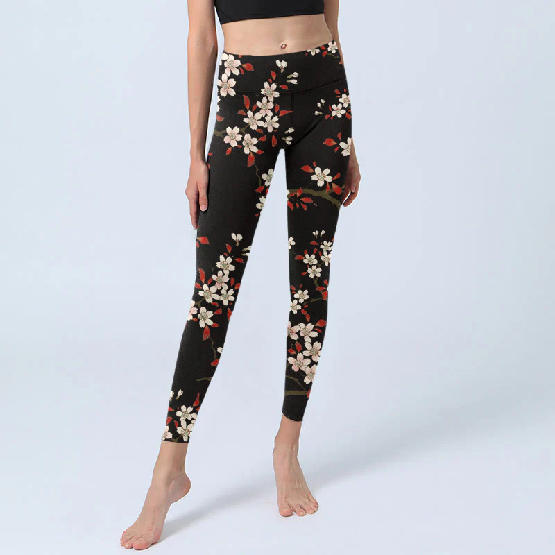 Buddha Stones White Cherry Blossoms Red Leaves Print Gym Leggings Women's Yoga Pants