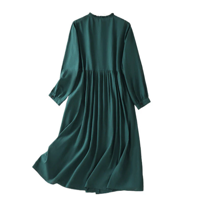 Buddha Stones DarkGreen Plain Ruffled Crew Neck Buttons Design Cotton Midi Dress With Pockets