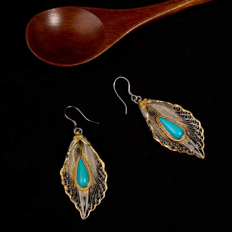 Buddha Stones 925 Sterling Silver Turquoise Bodhi Leaf Pattern Protection Drop Dangle Earrings