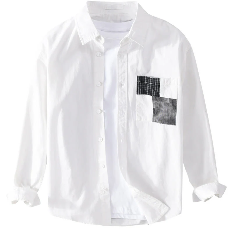 Buddha Stones Spring Daily Line Patchwork Design Lapel Men's Long Sleeve Cotton Linen Shirt With Pockets