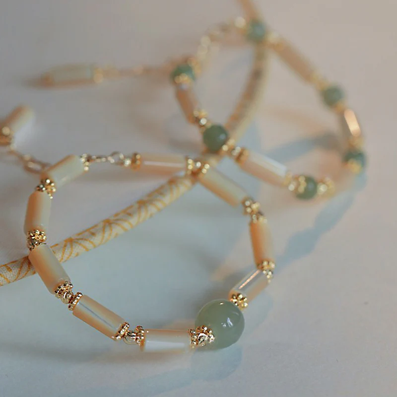 Buddha Stones 14K Gold Plated Tridacna Stone Hetian Jade Bead Bamboo Pattern Bracelet