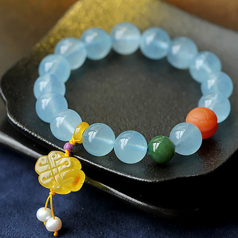 Buddha Stones Natural Aquamarine Amber Chinese Knotting Charm Peace Bracelet