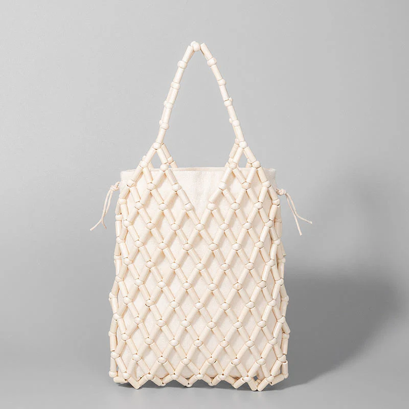 Buddha Stones Hand-woven Mesh Hollow Wooden Beads Handbag