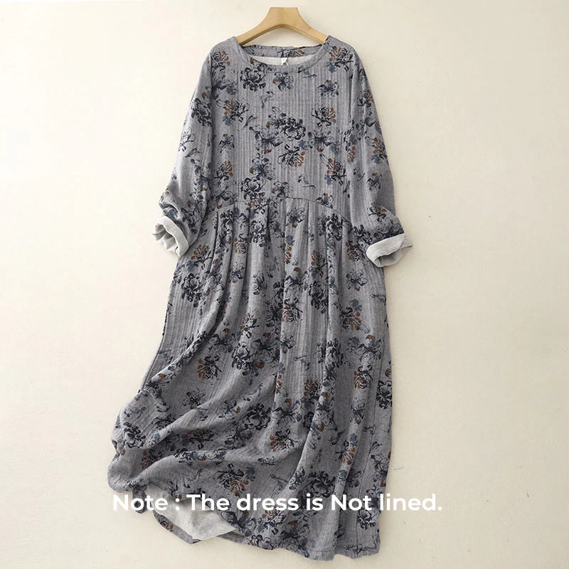 Buddha Stones Casual Small Floral Pattern Crew Neck Cotton Linen Midi Dress With Pockets