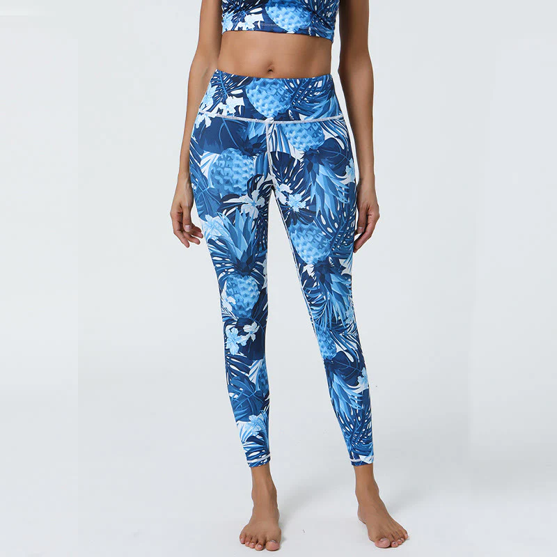 Buddha Stones 2Pcs Pineapple Grass Leaves Print Sports Fitness Crop Tank Bra High Waist Leggings Yoga Pants