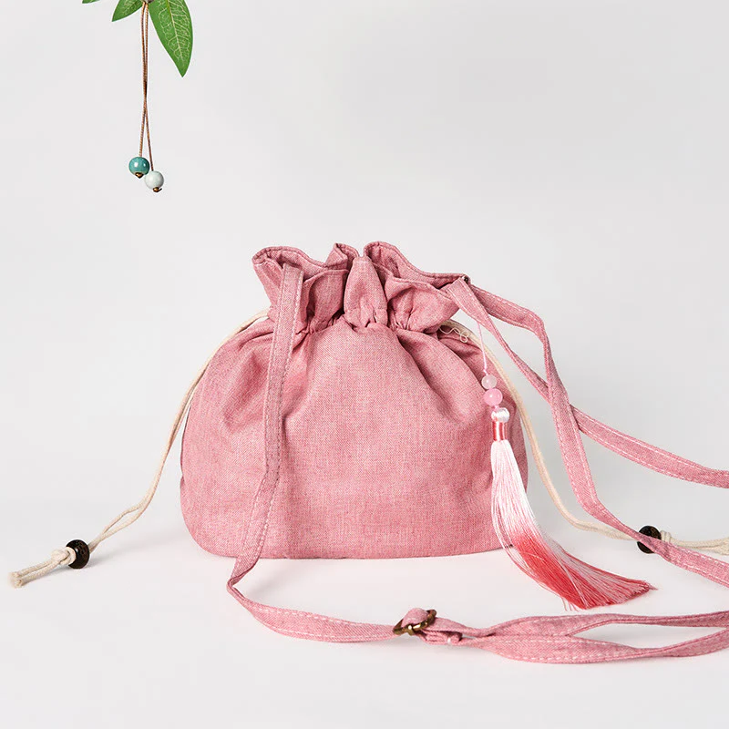 Buddha Stones Embroidered Light Pink Lotus Cotton Linen Crossbody Bag Shoulder Bag