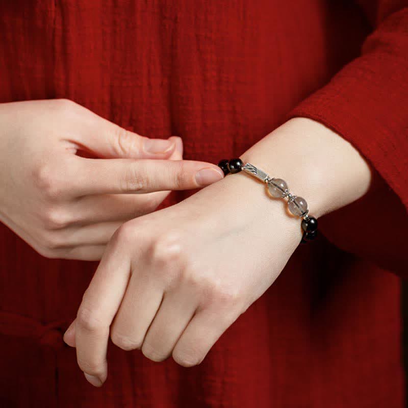 Buddha Stones 925 Sterling Silver Obsidian Moonstone Strength Couple Bracelet