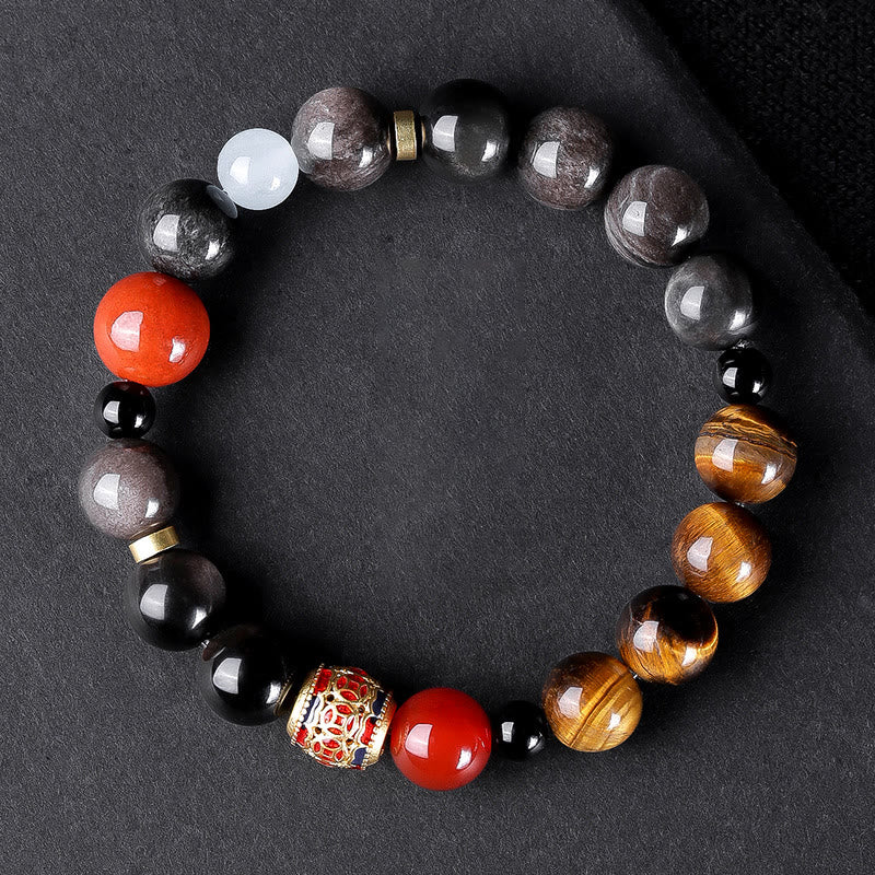 Buddha Stones Natural Silver Sheen Obsidian Tiger's Eye Six True Words 'Om Mani Padme Hum' Strength Bracelet
