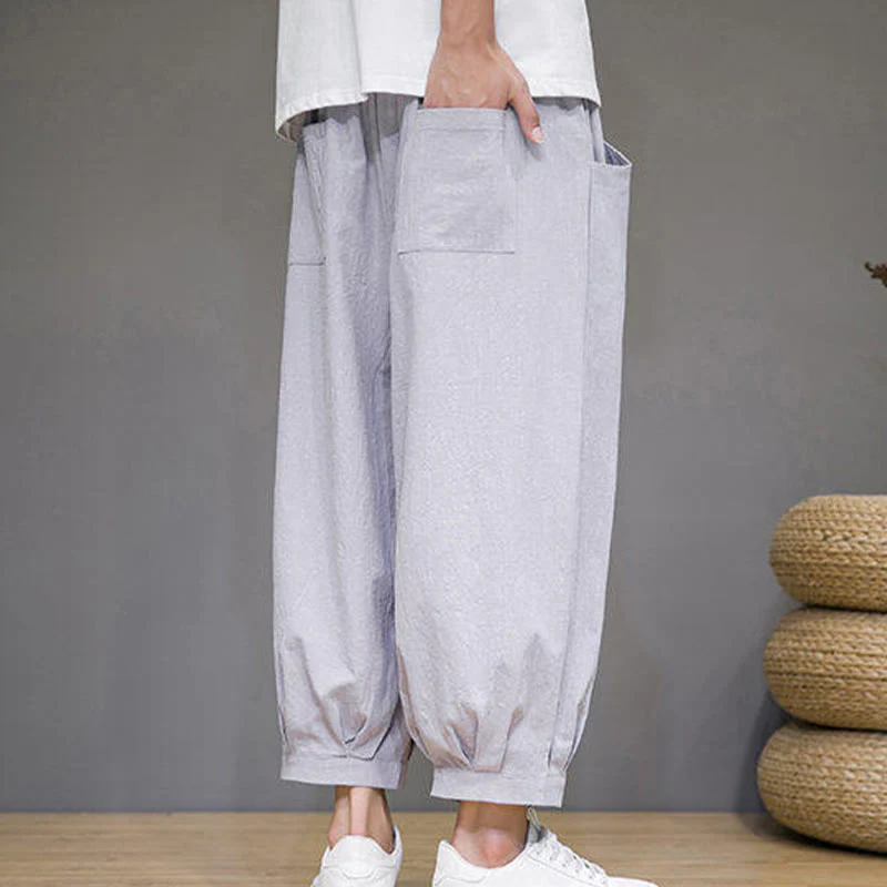Buddha Stones Casual Plain Men's Cotton 7-8 Length Harem Pants With Pockets
