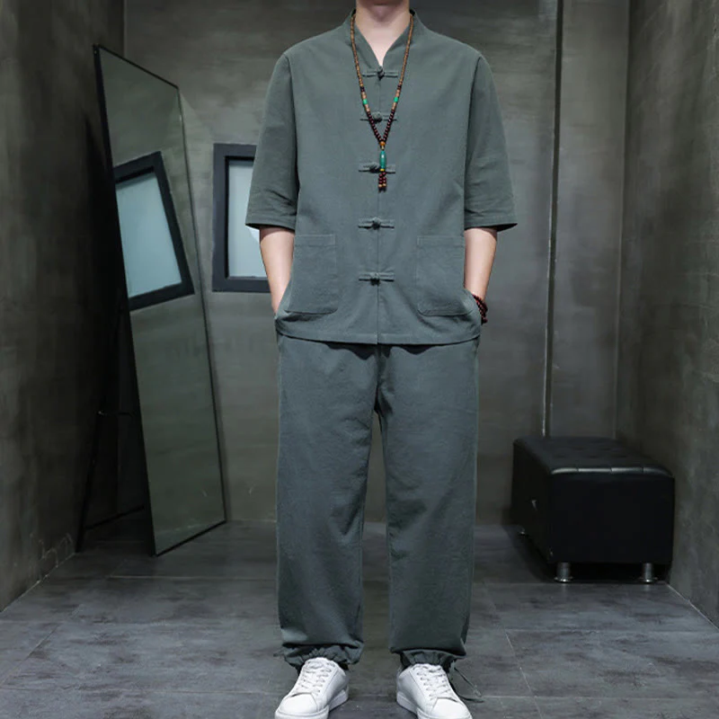 Buddha Stones 2Pcs Tang Suit Frog-Button Design Shirt Pants With Pockets Men's Cotton Linen Meditation Cloth Set