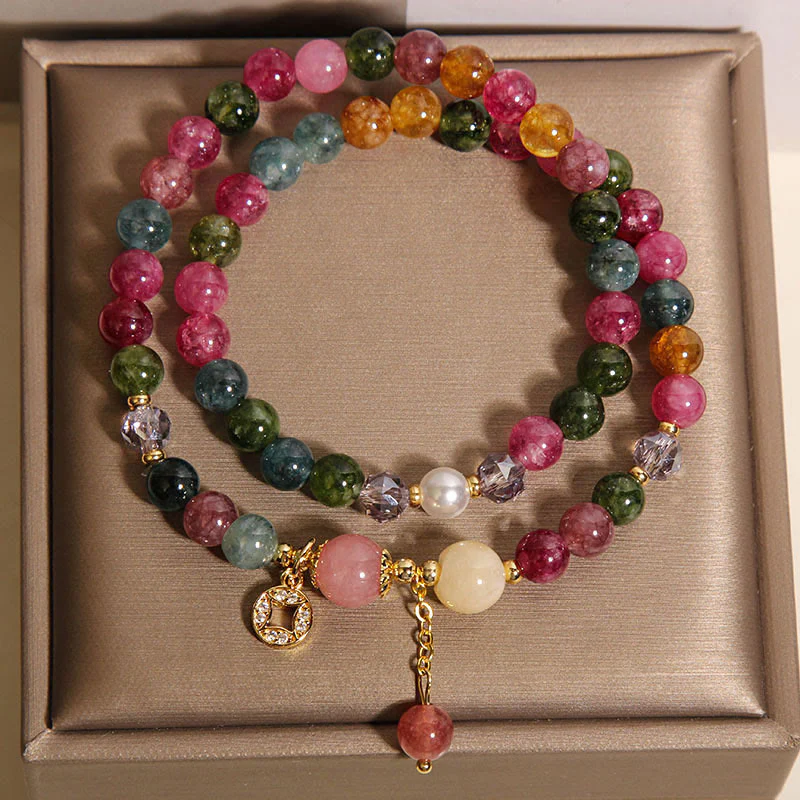 Buddha Stones Tourmaline Purple Jade Aquamarine Jade Copper Coin Positive Double Wrap Bracelet