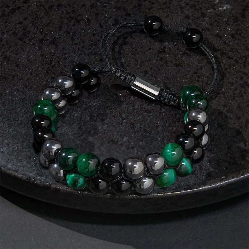 Buddha Stones Natural Green Tiger Eye Black Magnetite Black Obsidian Double Row Beads Positive Bracelet