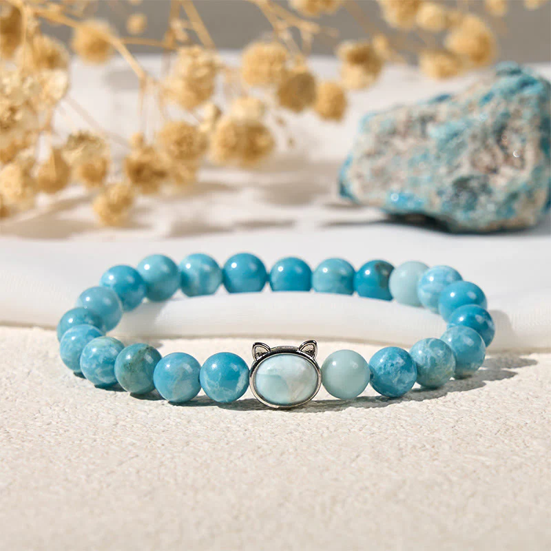 Buddha Stones Natural Cat Larimar Wisdom Beads Bracelet