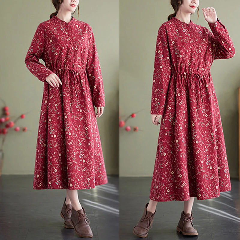 Buddha Stones Ethnic Printing Drawstring Long Sleeve Cotton Linen Midi Dress With Pockets