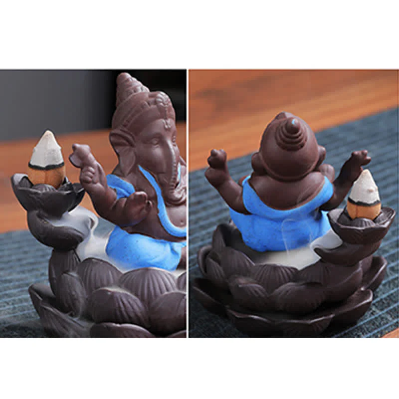Buddha Stones Ganesh Elephant Purple Clay Backflow Smoke Fountain Protection Incense Burner