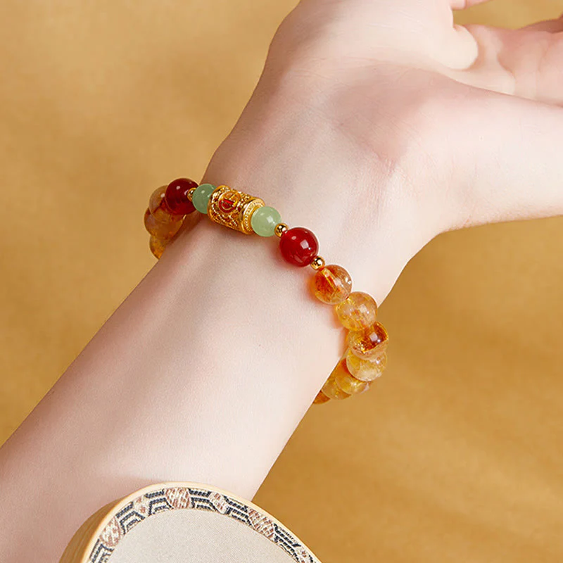 Buddha Stones 999 Sterling Silver Natural Citrine Red Agate Hetian Jade Beads Protection Bracelet