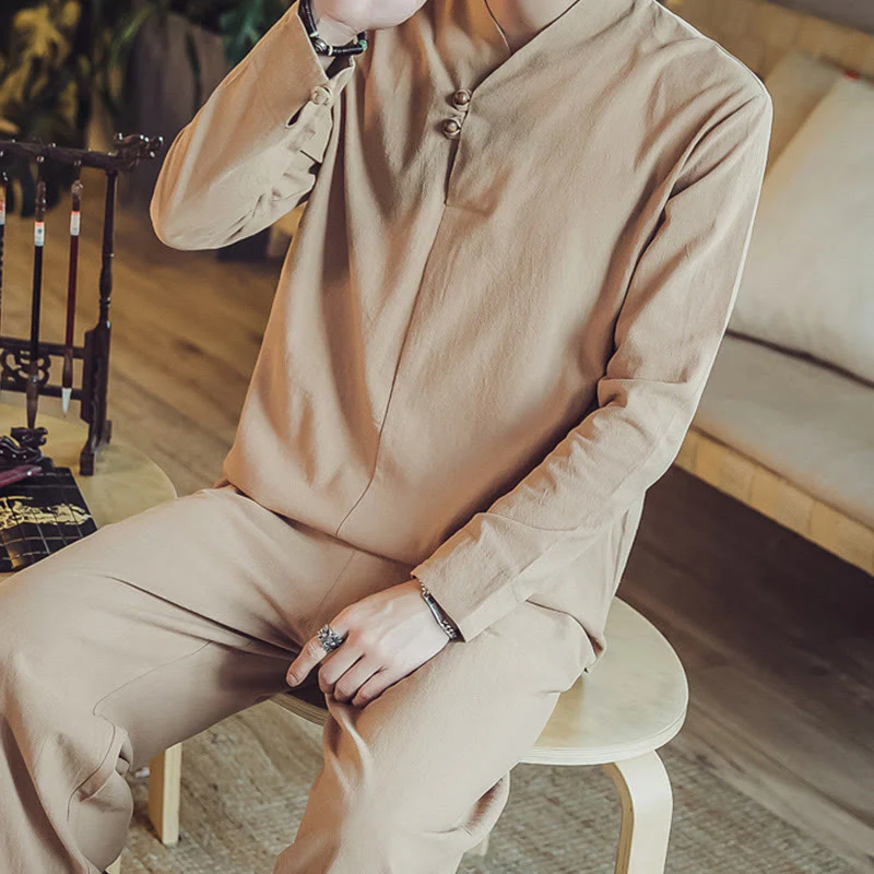 Buddha Stones 2Pcs Cotton Shirt Ankle-Length Pants With Pockets Men's Meditation Cloth Set