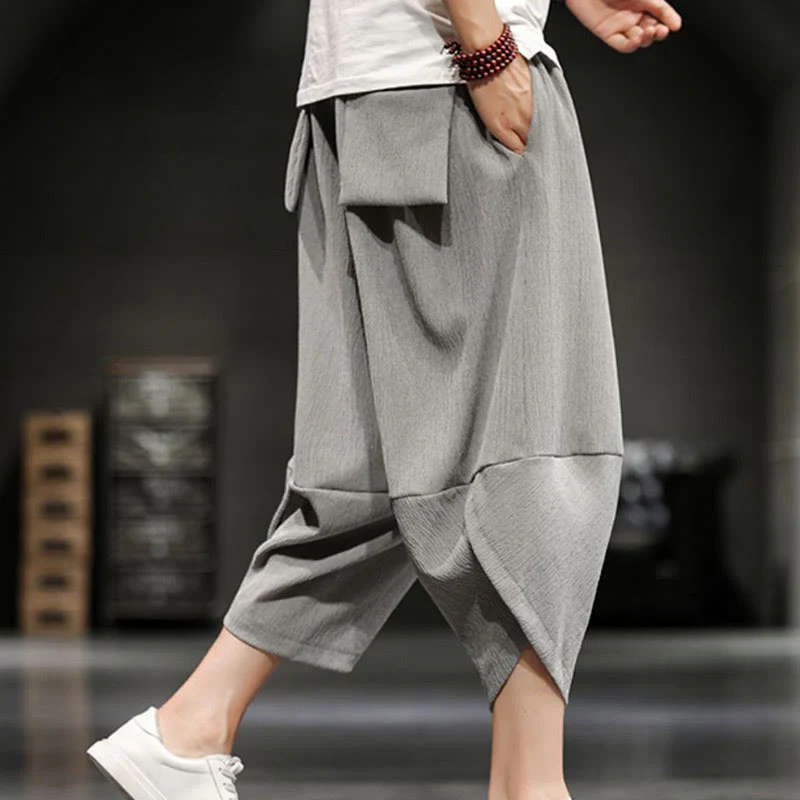 Buddha Stones Summer Solid Men's Cotton Linen Cropped Pants With Pockets