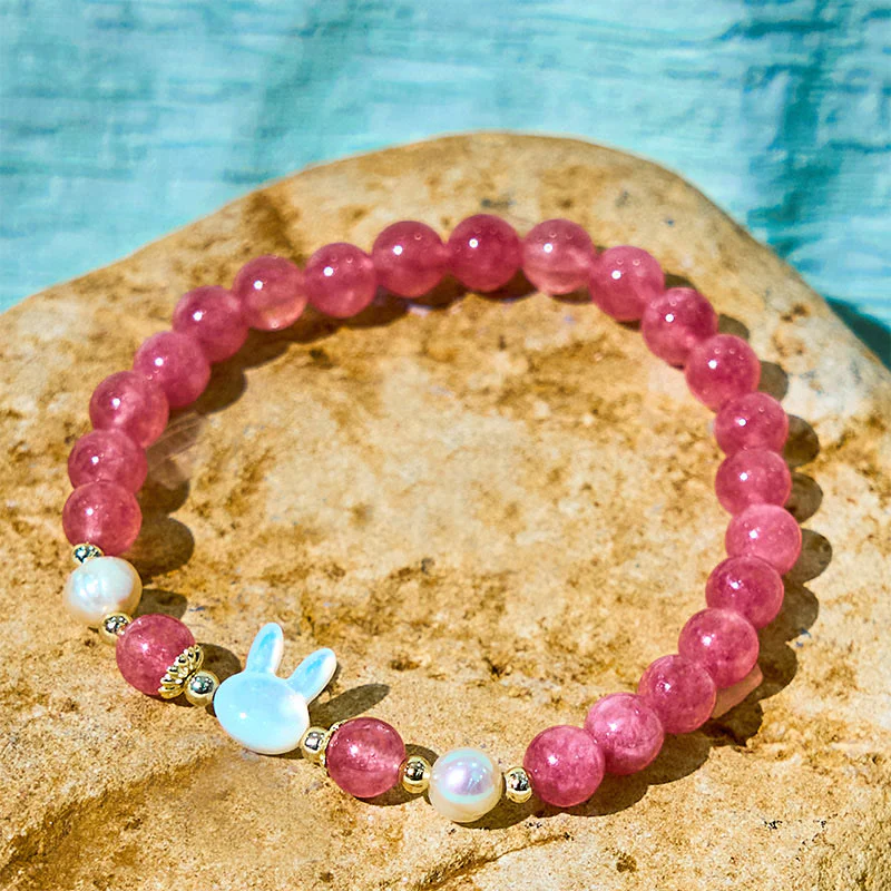Buddha Stones Strawberry Quartz Pearl Cat Rabbit Healing Bracelet