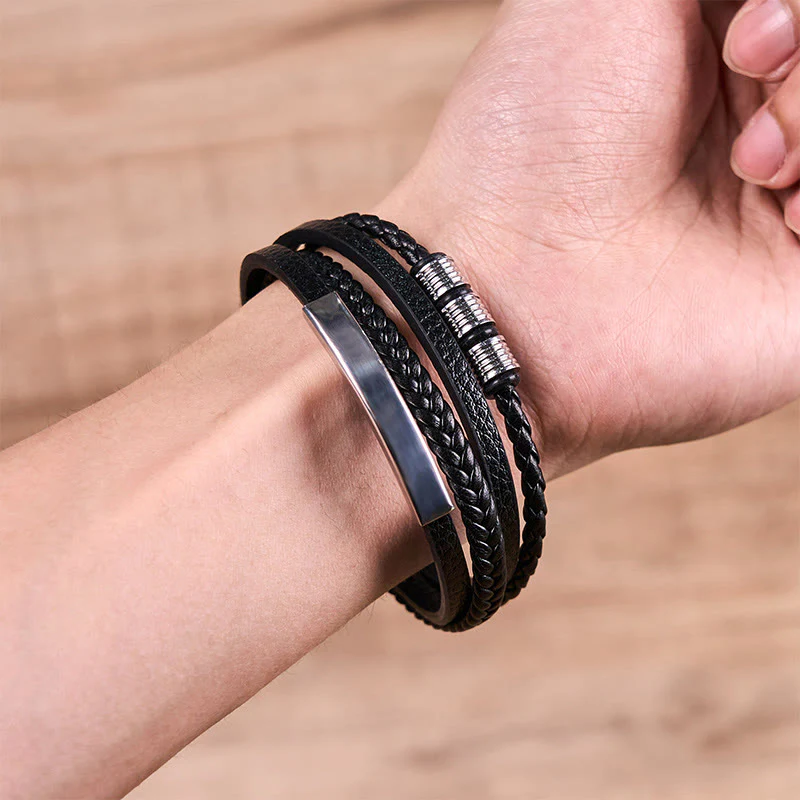 Buddha Stones Fashion Titanium Steel Leather Hand Woven Magnetic Buckle Strengthen Bracelet
