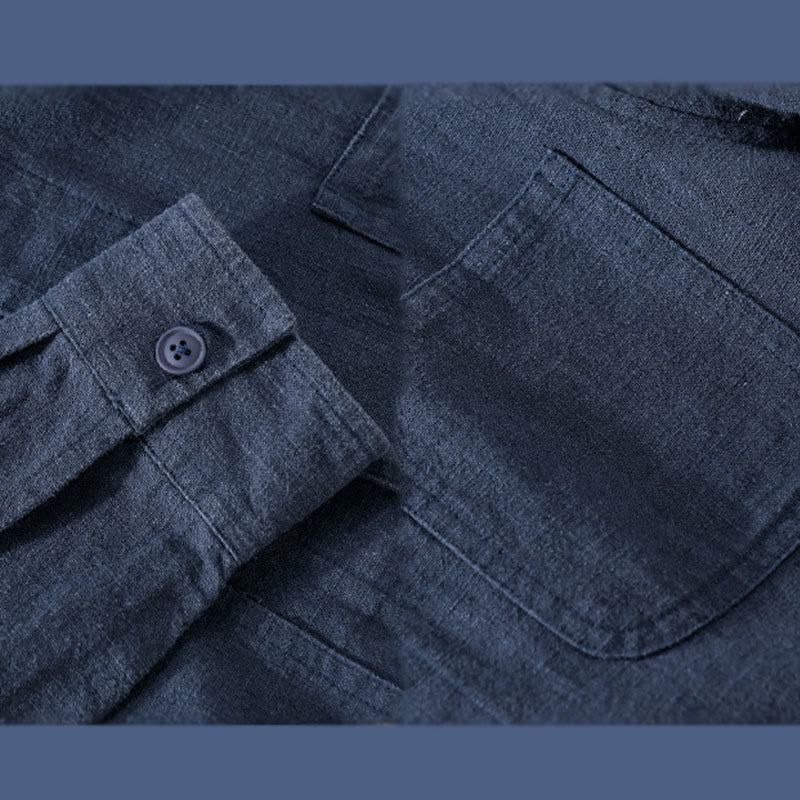 Buddha Stones Commute Men's Plain Buttons Design Cotton Linen Long Sleeve Shirt With Pockets