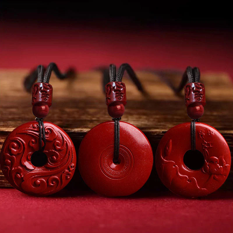 Buddha Stones Natural Cinnabar Lotus Peace Buckle Blessing Necklace String Pendant
