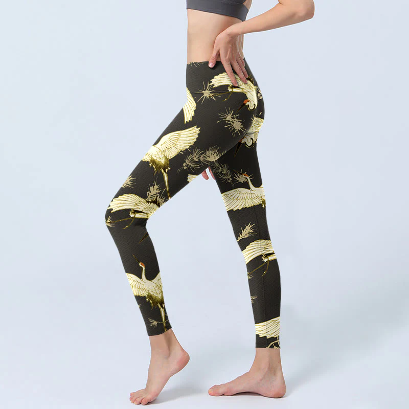 Buddha Stones Flying Red-crowned Crane Branch Pine Needles Pattern Print Gym Leggings Women's Yoga Pants