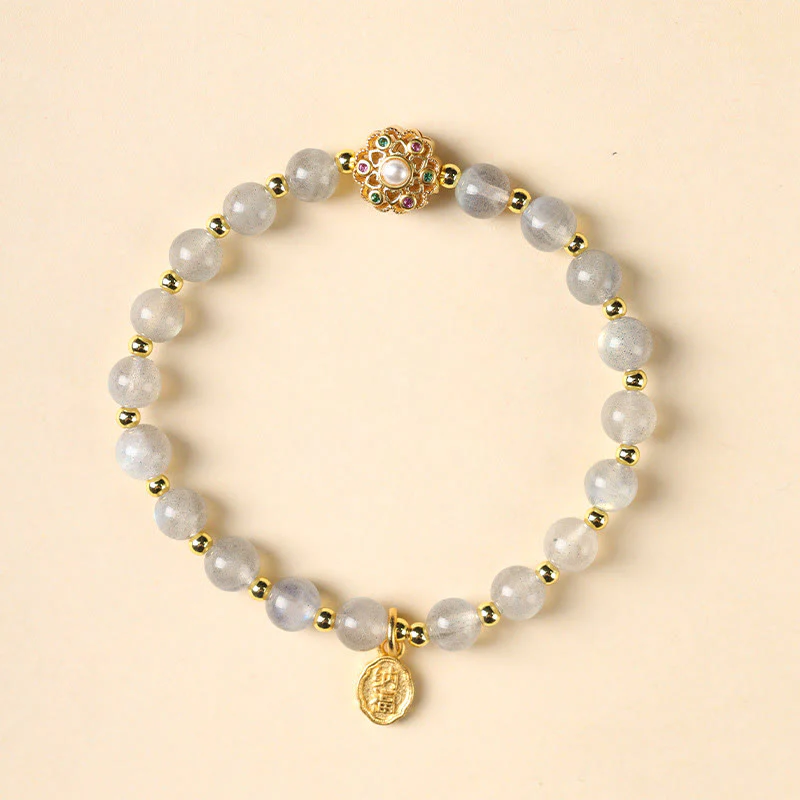 Buddha Stones 14K Gold Plated Natural Strawberry Quartz Labradorite Sun Stone Fu Character Positive Charm Bracelet