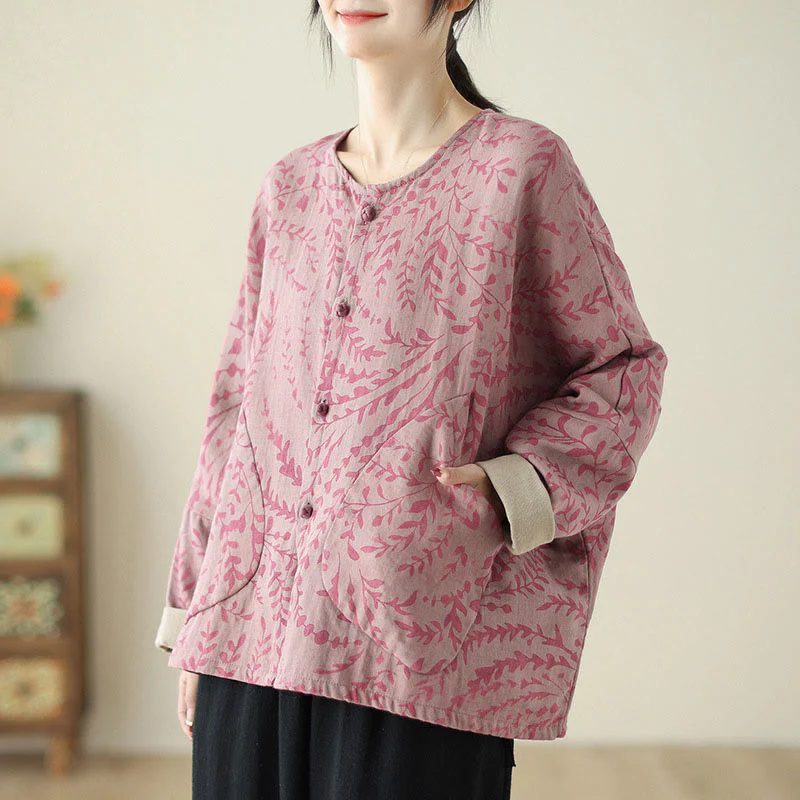 Buddha Stones Leaf Print Women's Cotton Linen Jacket With Pockets