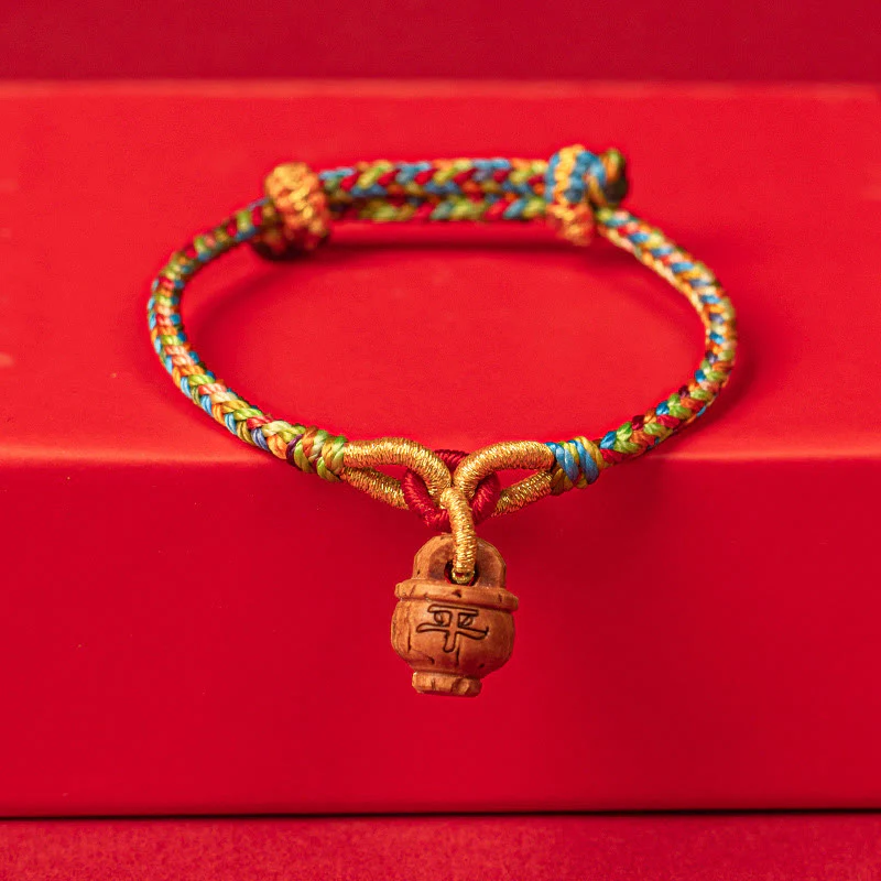 Buddha Stones Peach Wood Fu Character Safe And Well Wealth Bracelet