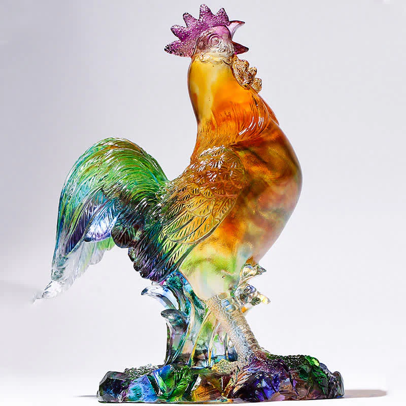Buddha Stones Handmade Liuli Crystal Rooster Art Piece Home Decoration