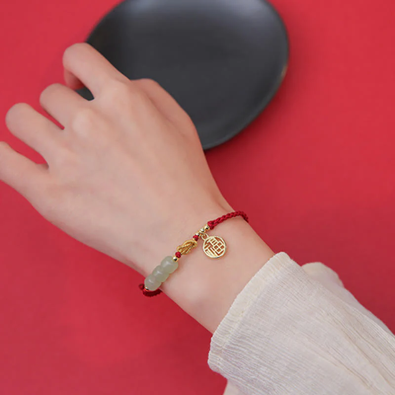 Buddha Stones Handcrafted Jade Bead Fu Character Charm Luck Red Rope Bracelet