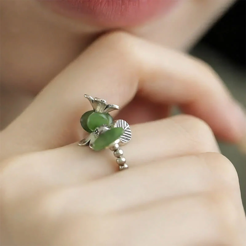 Buddha Stones Flower Pattern Copper Alloy Luck Elastic Rope Ring