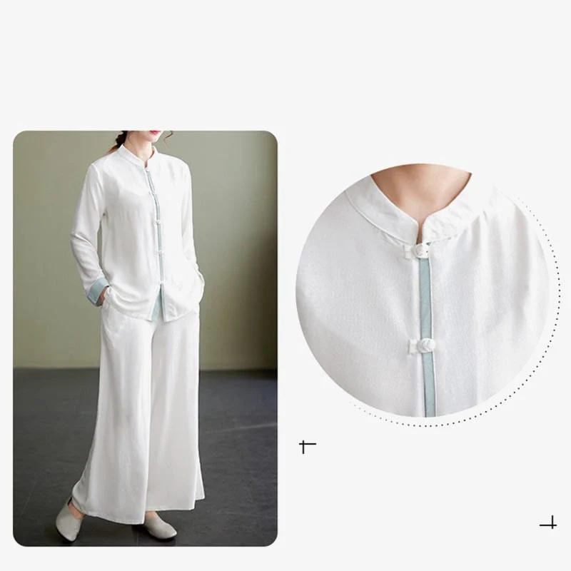 Buddha Stones 2Pcs Tang Suit Long Sleeve Shirt Top Pants Meditation Zen Tai Chi Cotton Linen Clothing Women's Set