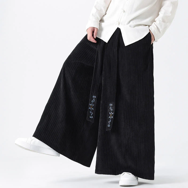 Buddha Stones Casual Embroidery Drawstring Design Men's Corduroy Wide Leg Pants With Pockets