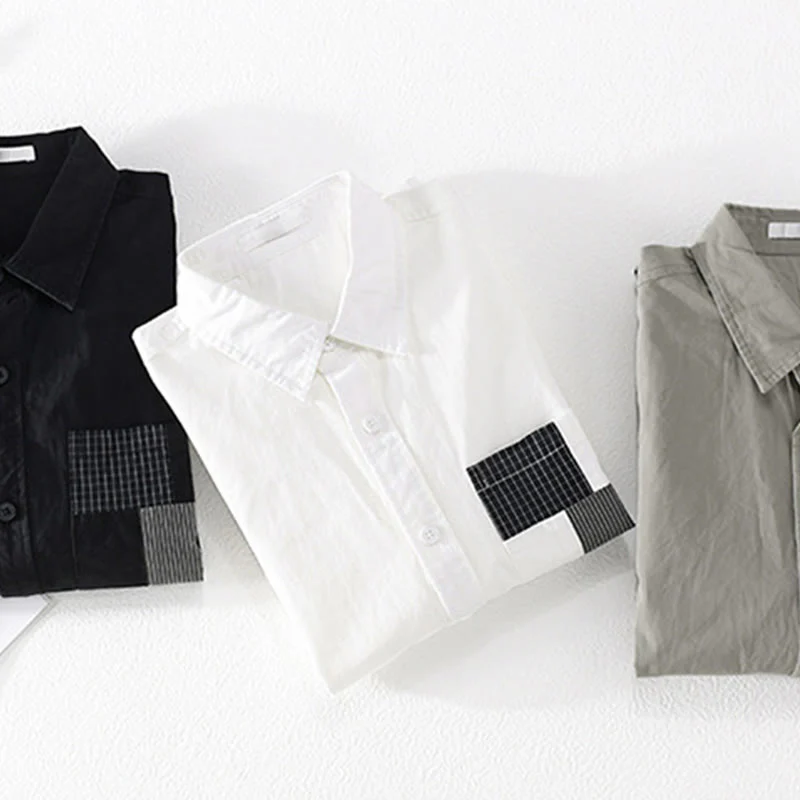 Buddha Stones Spring Daily Line Patchwork Design Lapel Men's Long Sleeve Cotton Linen Shirt With Pockets