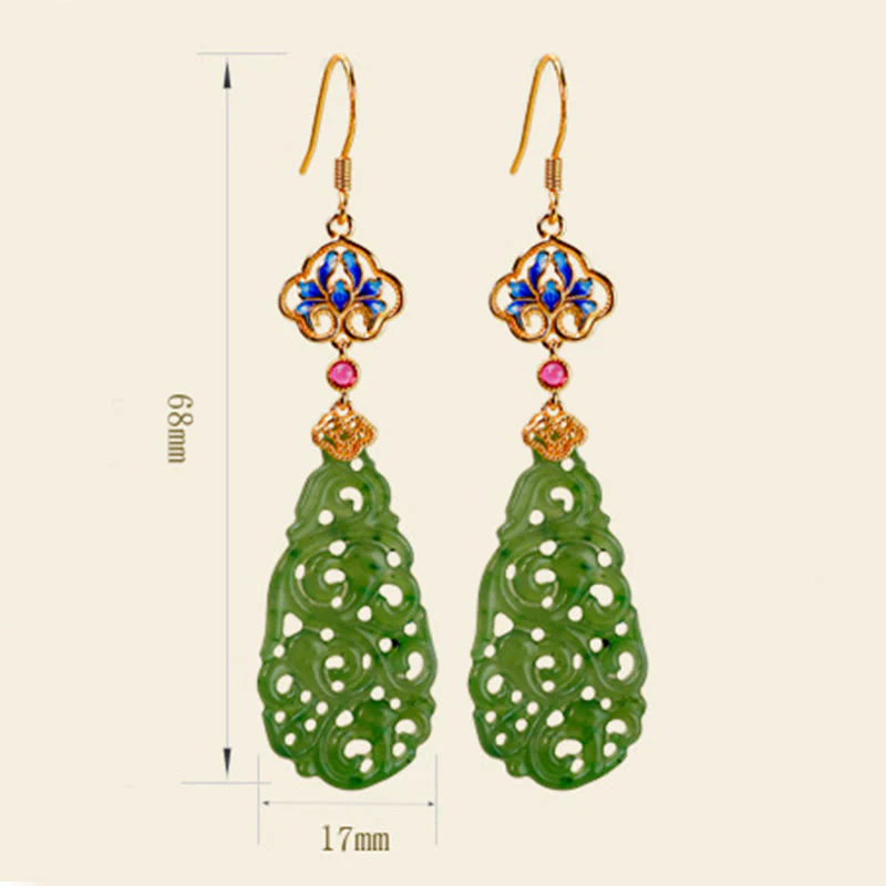 Buddha Stones Hollow Hetian Jade Enamel 925 Sterling Silver Prosperity Earrings
