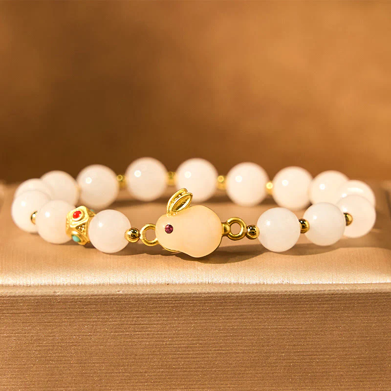Buddha Stones Golden Silk Jade Cute Rabbit Luck Bracelet