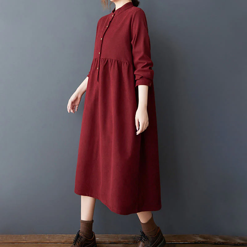 Buddha Stones Casual Plain Buttons Design Thermal Cotton Linen Midi Dress With Pockets