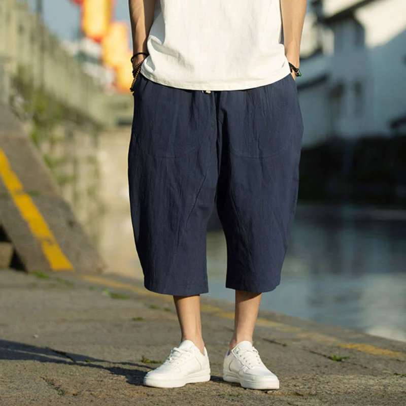 Buddha Stones Summer Plain Pleat Design Drawstring Men's 7-8 Length Cotton Linen Pants With Pockets