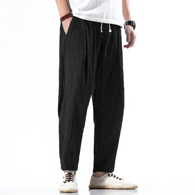 Buddha Stones Casual Plain Pleated Design Drawstring Men's Long Cotton Linen Harem Pants With Pockets