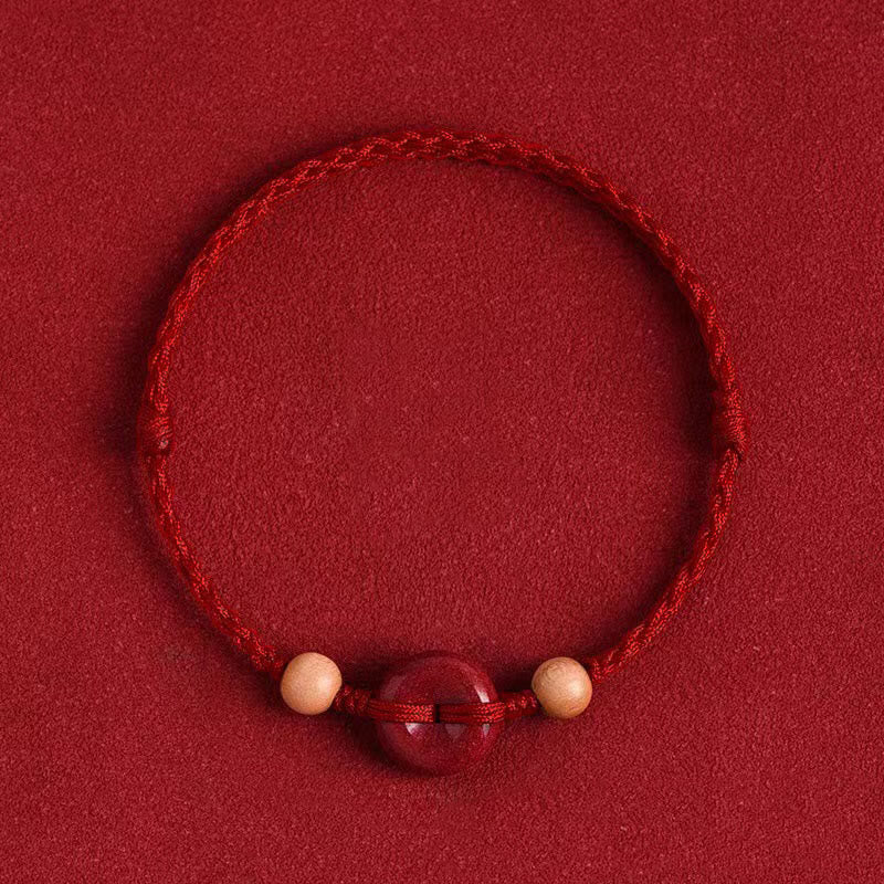 Buddha Stones Peach Wood Peace Buckle Cinnabar Wealth String Bracelet Anklet